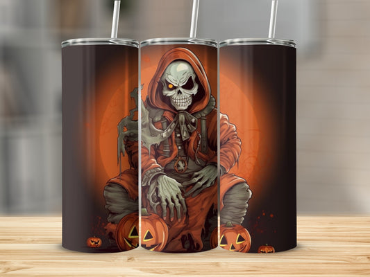 Three tumblers featuring a Halloween skeleton character with pumpkins and an orange moon.