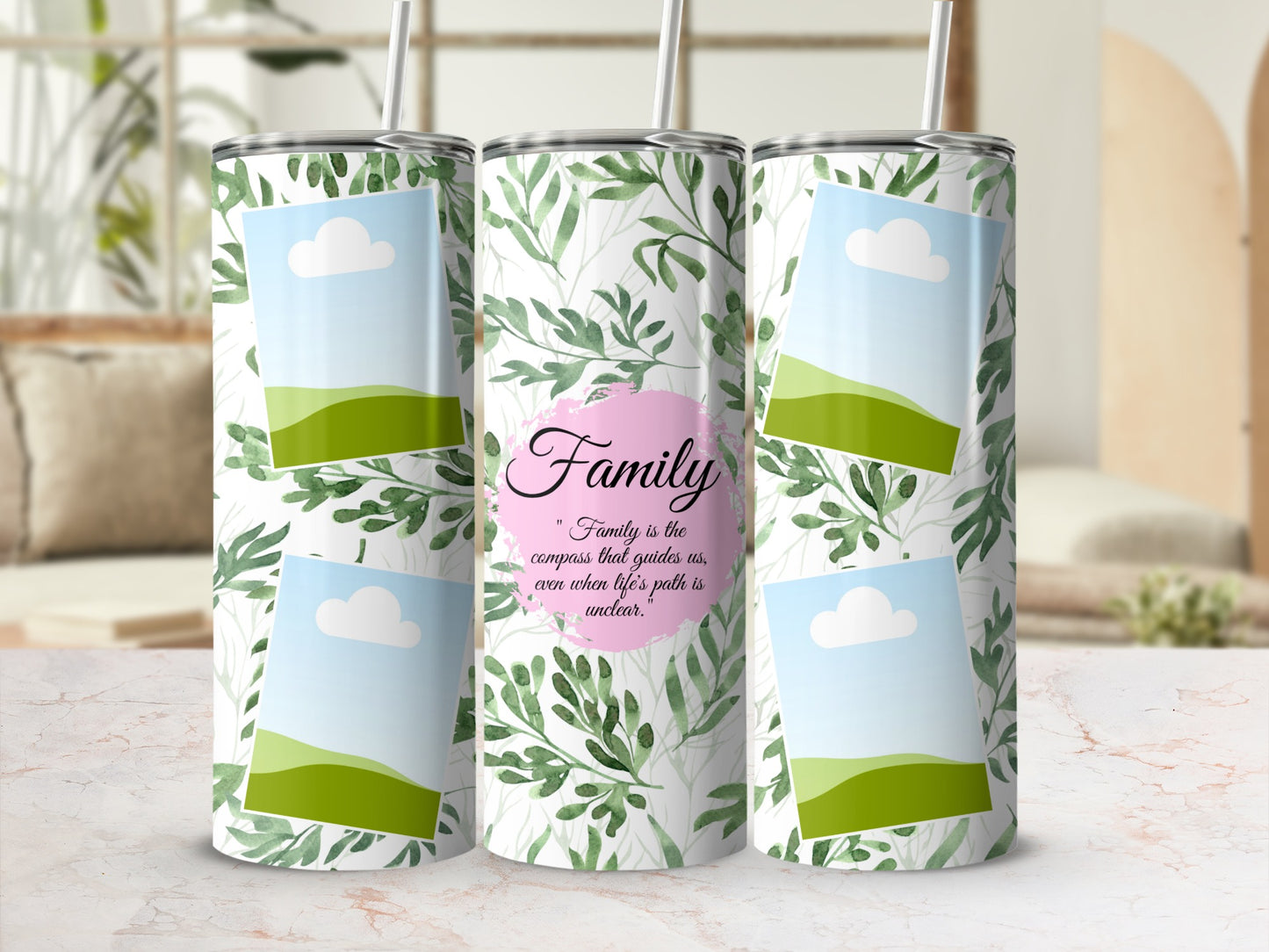 Tumblers with green leaves, photo placeholders, and "Family" quote.