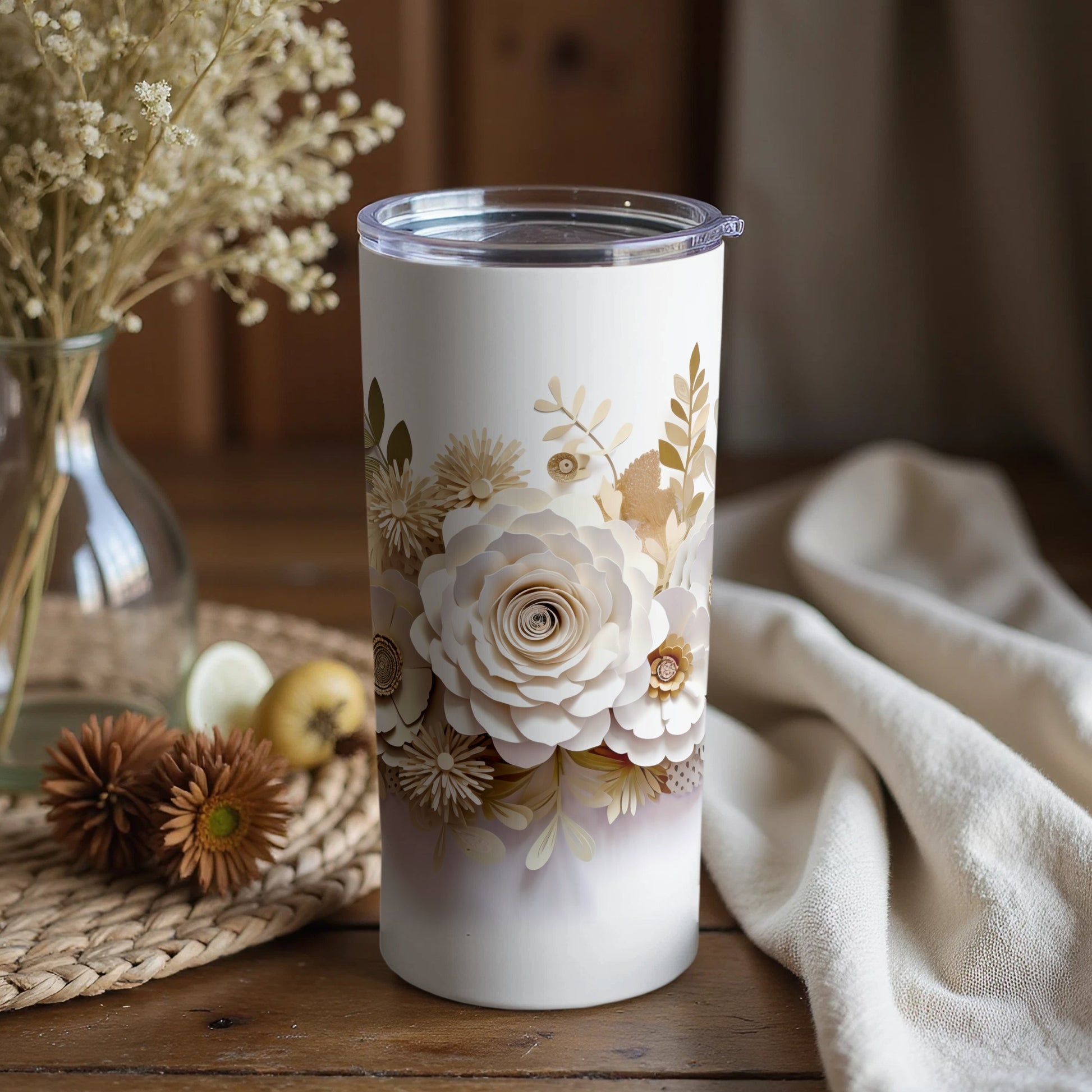 Floral Design Tumbler with Clear Lid Drinkware