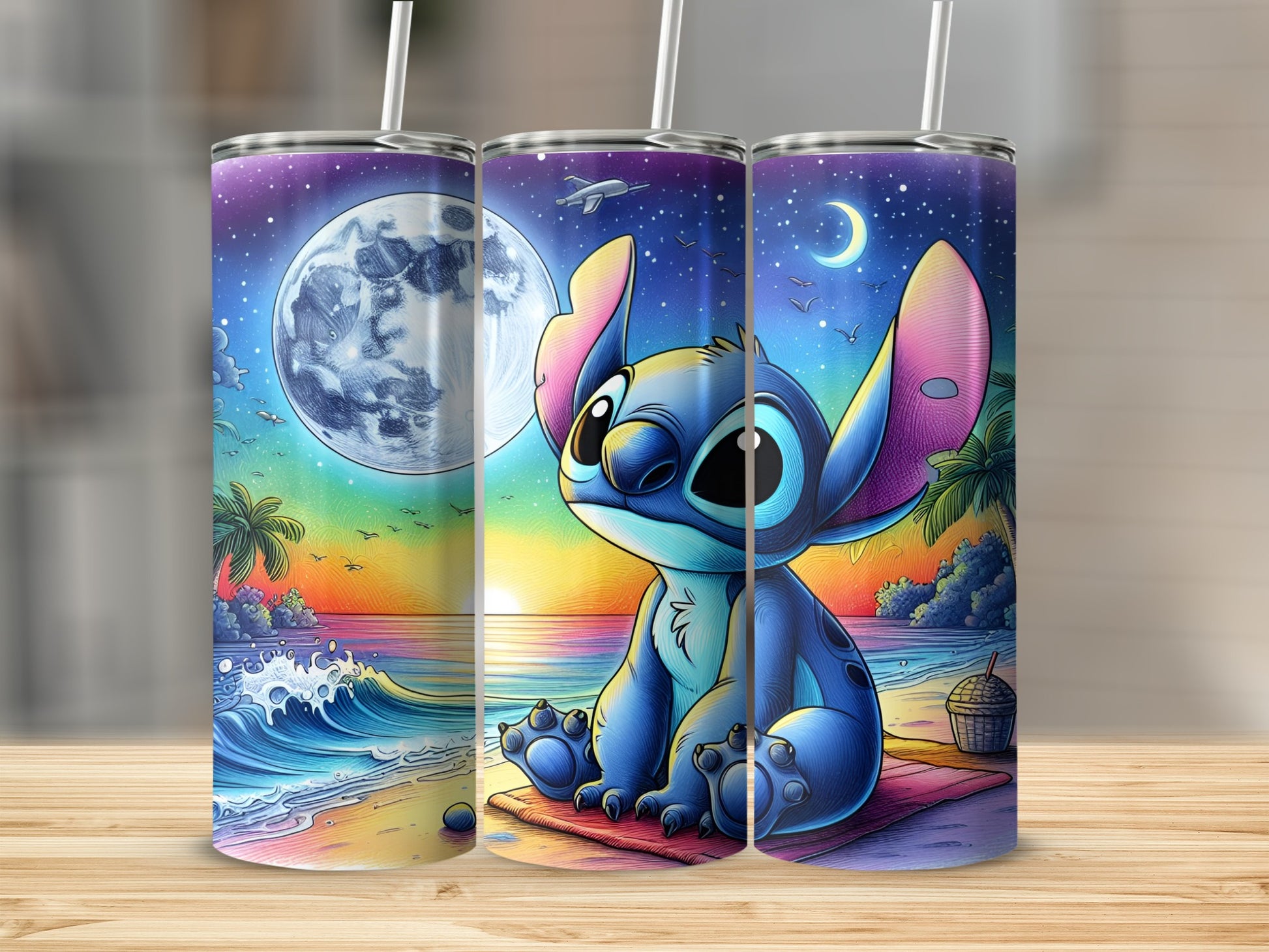 Stitch sits on a beach mat looking at a full moon with colorful sky and ocean.