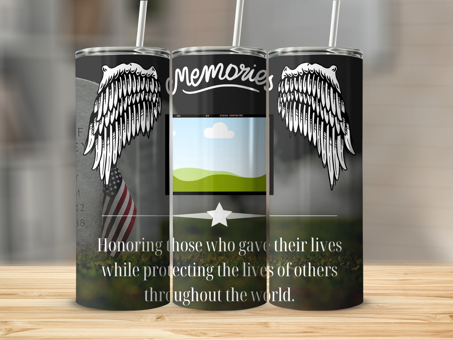 Tumbler with angel wings, "Memories" text, tombstone, and patriotic quote.