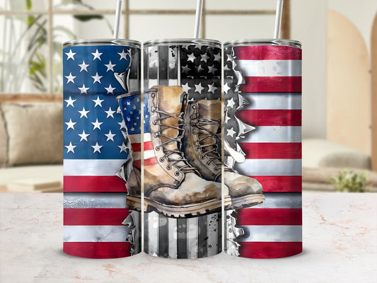 Flag-themed boots on a tumbler with distressed stripes.