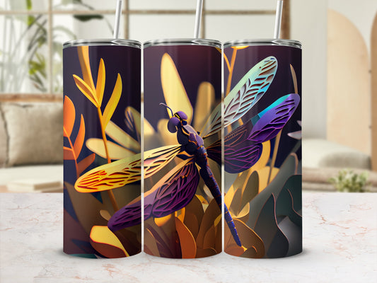 Colorful Dragonfly Design with Abstract Leaves Tumbler