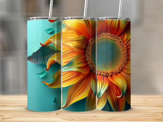 Three tumblers with a sunflower design and a teal background.