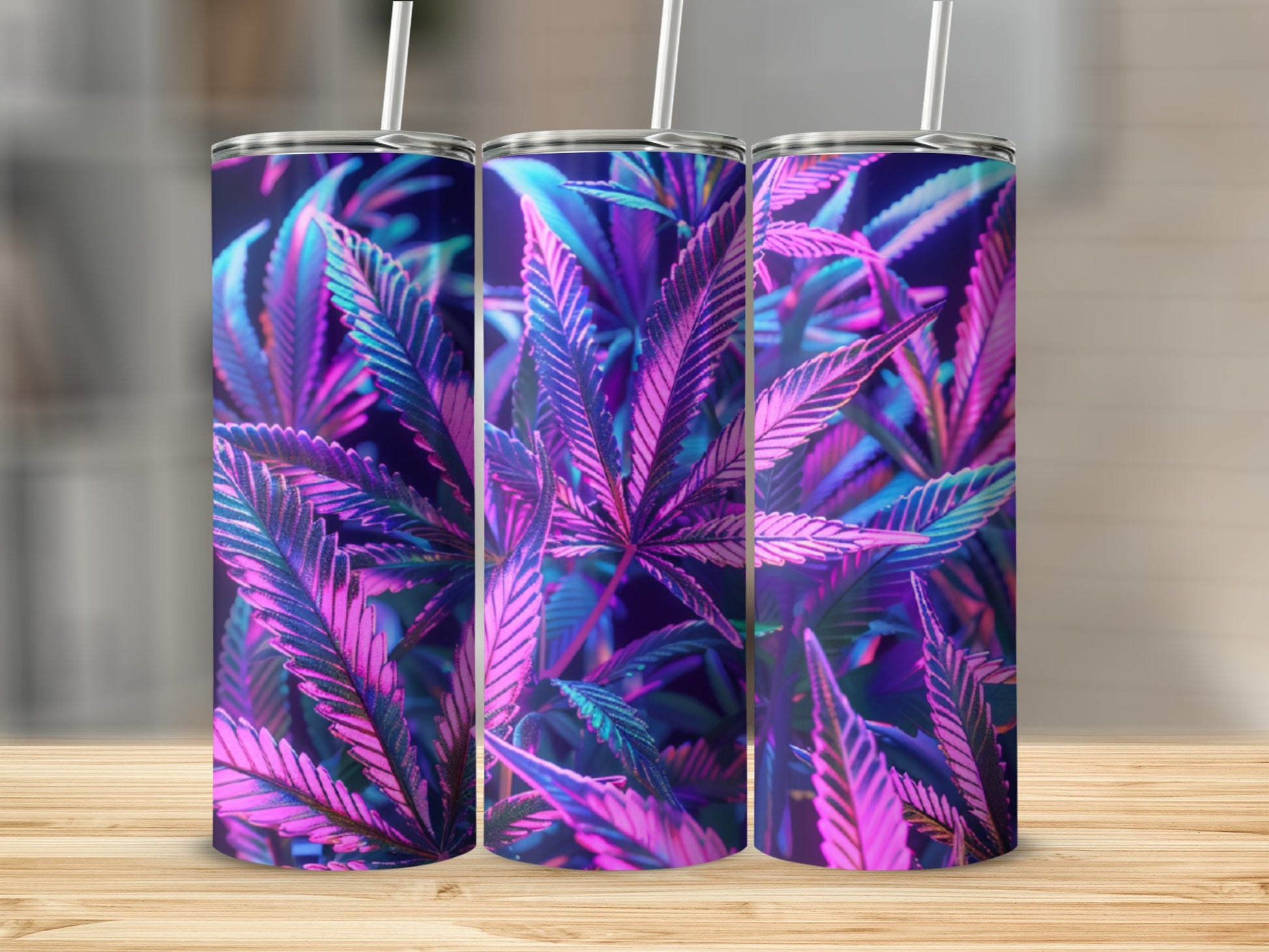 Three tumblers with a purple and blue marijuana leaf pattern.