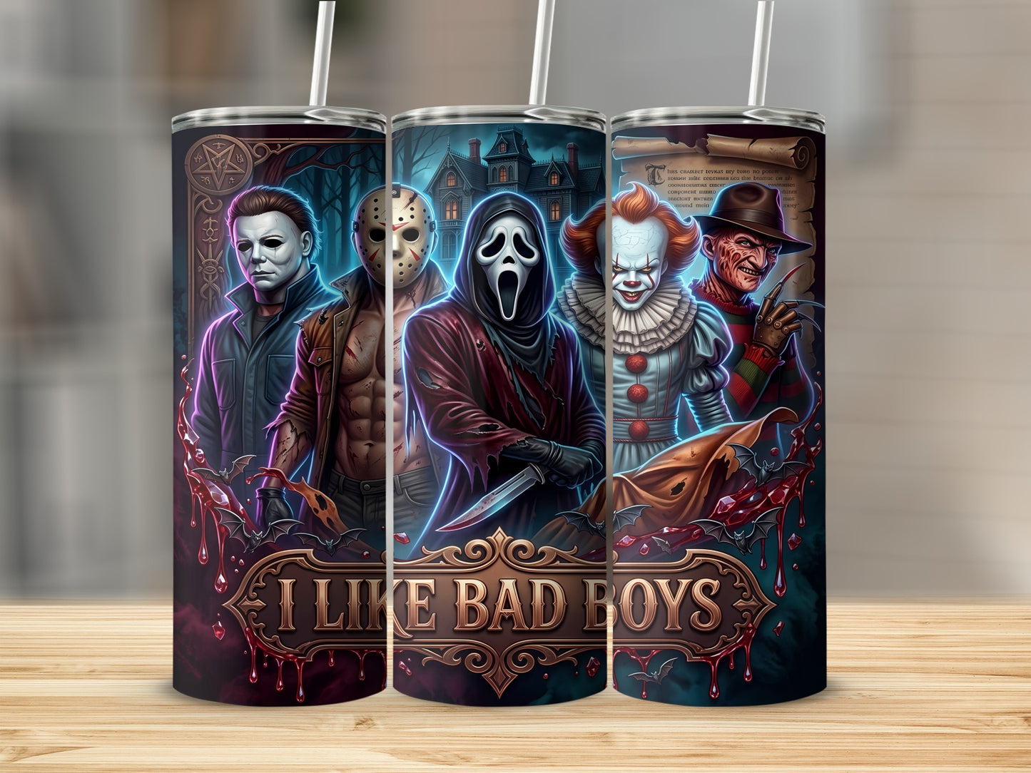Five horror villains, including Michael Myers, Jason Voorhees, and Pennywise, with text "I LIKE BAD BOYS".