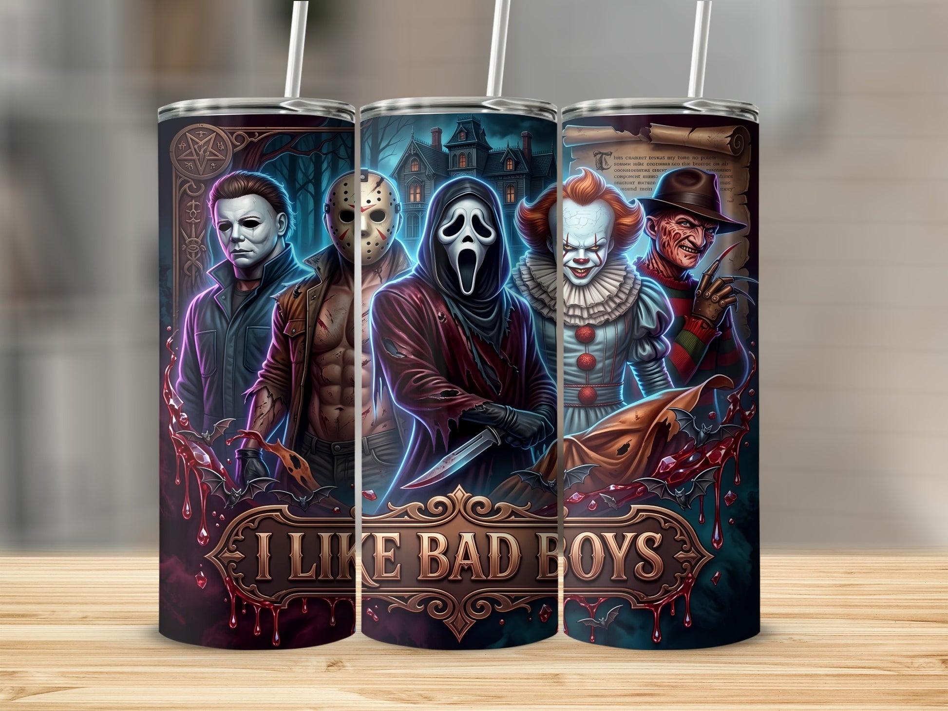Five horror villains, including Michael Myers, Jason Voorhees, and Pennywise, with text "I LIKE BAD BOYS".