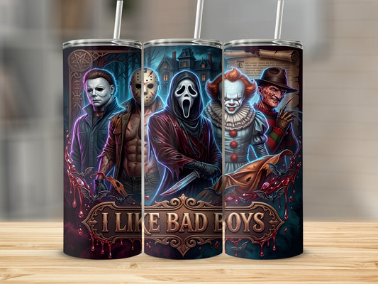 Five horror villains, including Michael Myers, Jason Voorhees, and Pennywise, with text "I LIKE BAD BOYS".