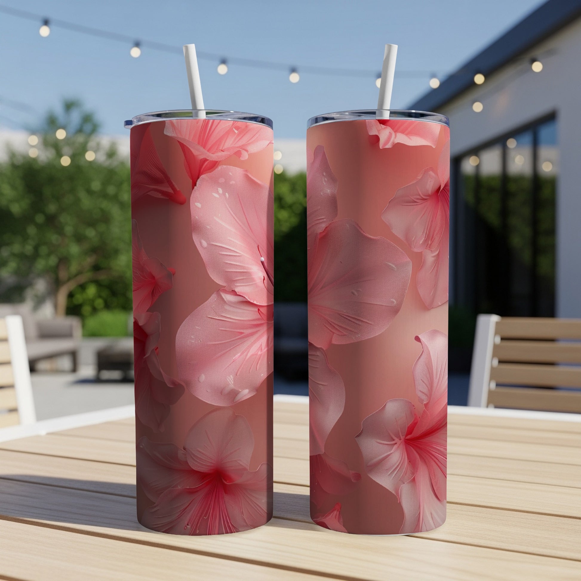 Two tall tumblers with a close-up coral hibiscus floral pattern.
