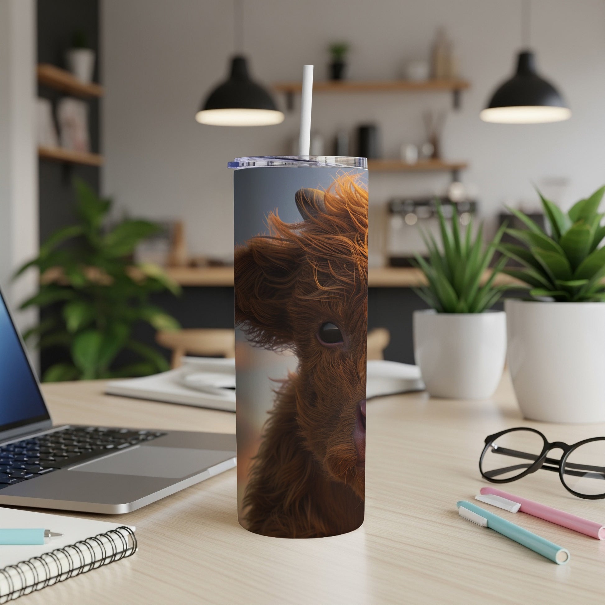 Highland calf on a tall, insulated tumbler with straw.