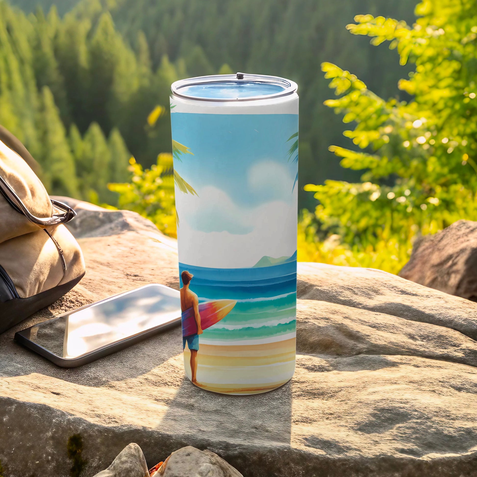 Tall tumbler with a beach scene, surfer, and palm trees.