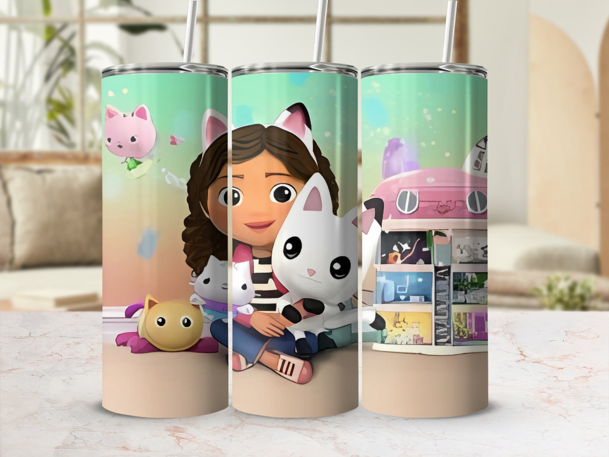 Cute Cartoon Girl and Cats on Colorful Travel Tumbler