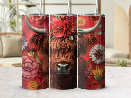 Highland cow with floral crown on red background, front view.