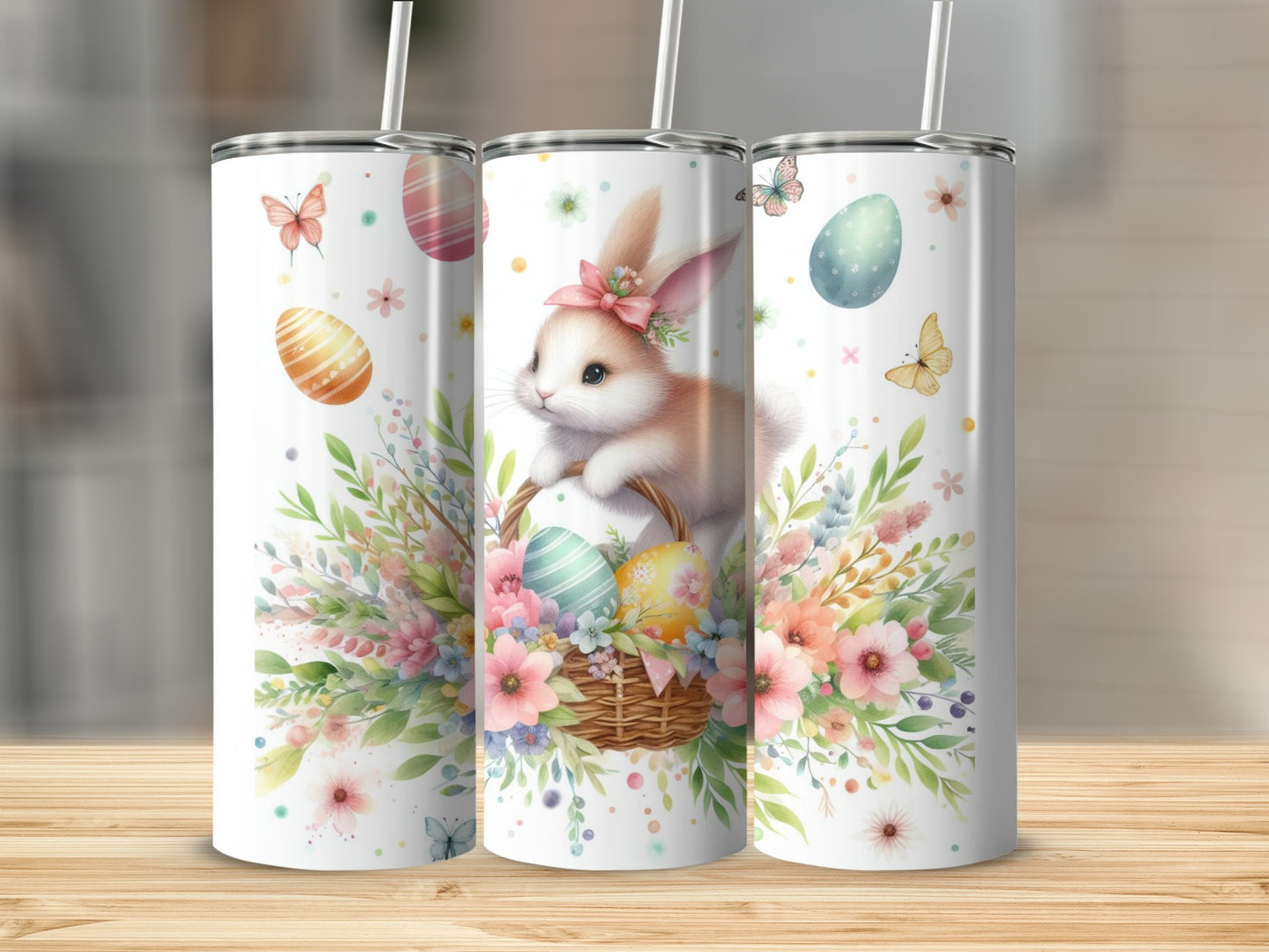 Easter bunny with basket of eggs and flowers, pastel colors.