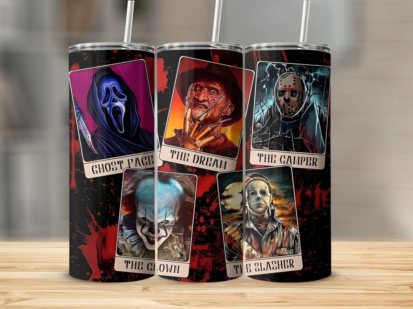 Tumbler featuring horror icons: Ghost Face, Freddy, Jason, Pennywise, and Michael Myers.