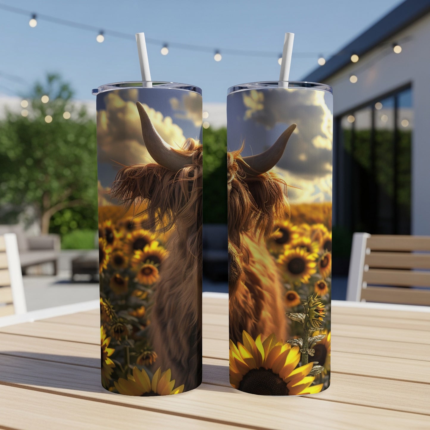 Highland cow in a sunflower field on a tumbler.