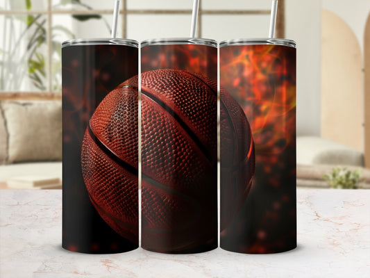 Three basketball tumblers with fiery background, showcasing textured basketball design.