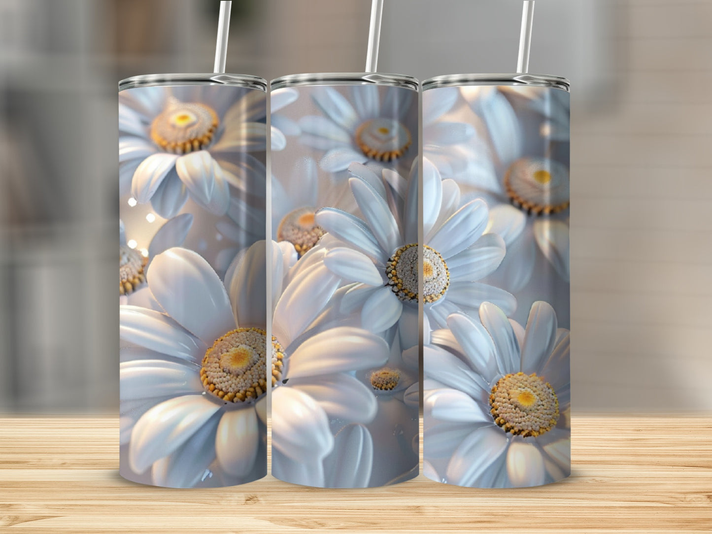 White daisies with yellow centers adorn this insulated tumbler.