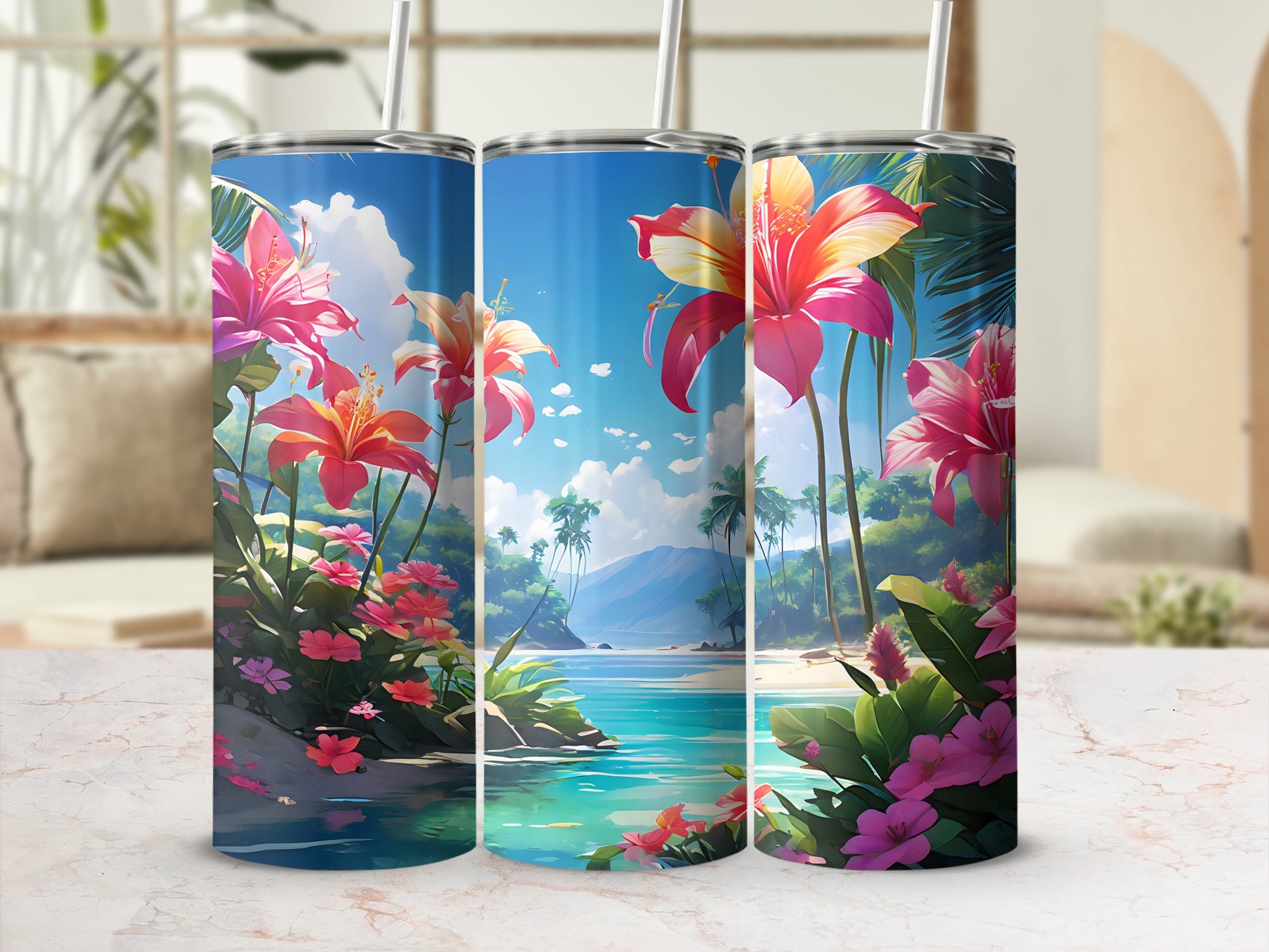 Tropical beach scene with hibiscus flowers and palm trees on three tumblers.