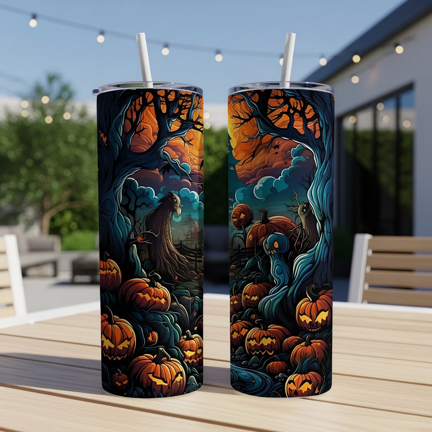 Two tumblers with a spooky Halloween forest scene featuring pumpkins and ghosts.