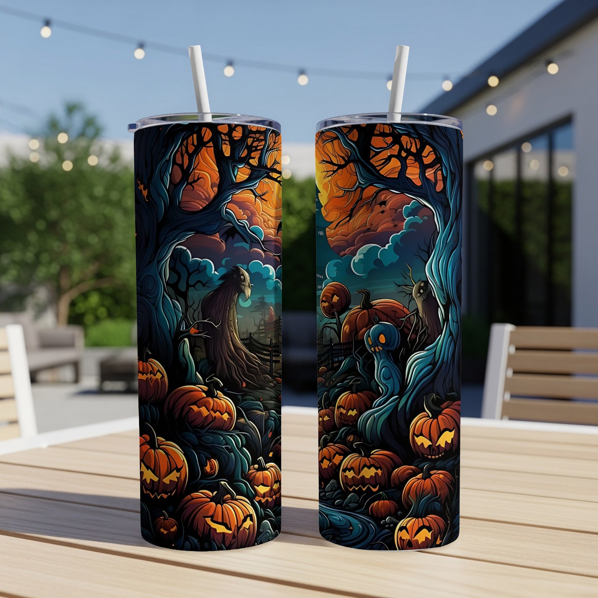 Two tumblers with a spooky Halloween forest scene featuring pumpkins and ghosts.
