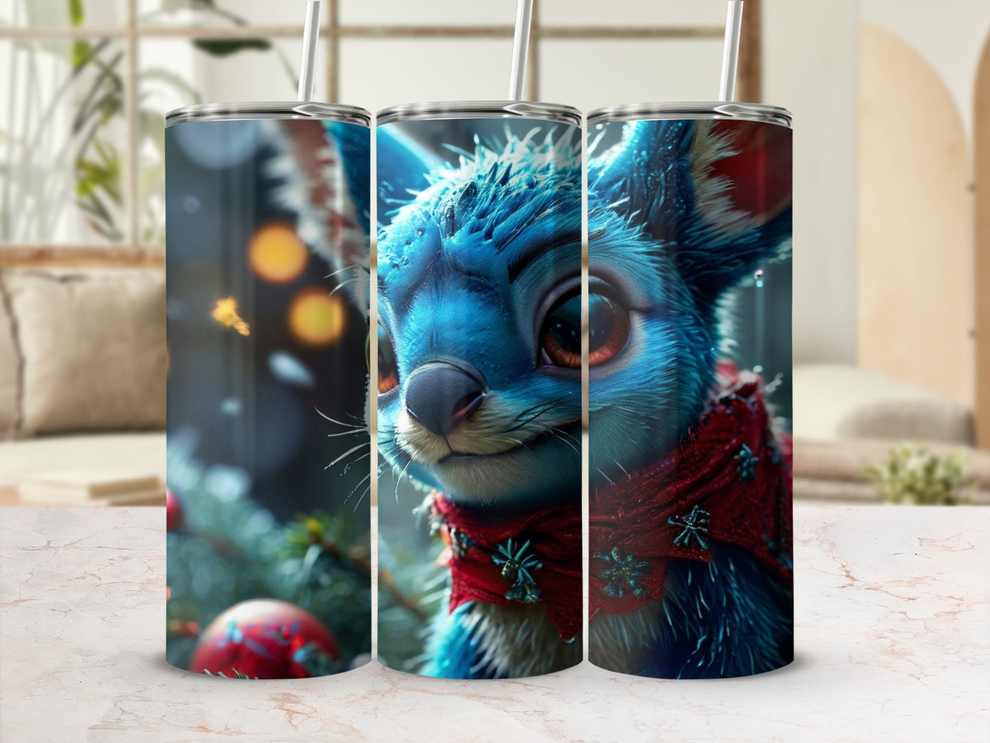 Blue cartoon fox wearing red scarf, close-up, three tumblers.