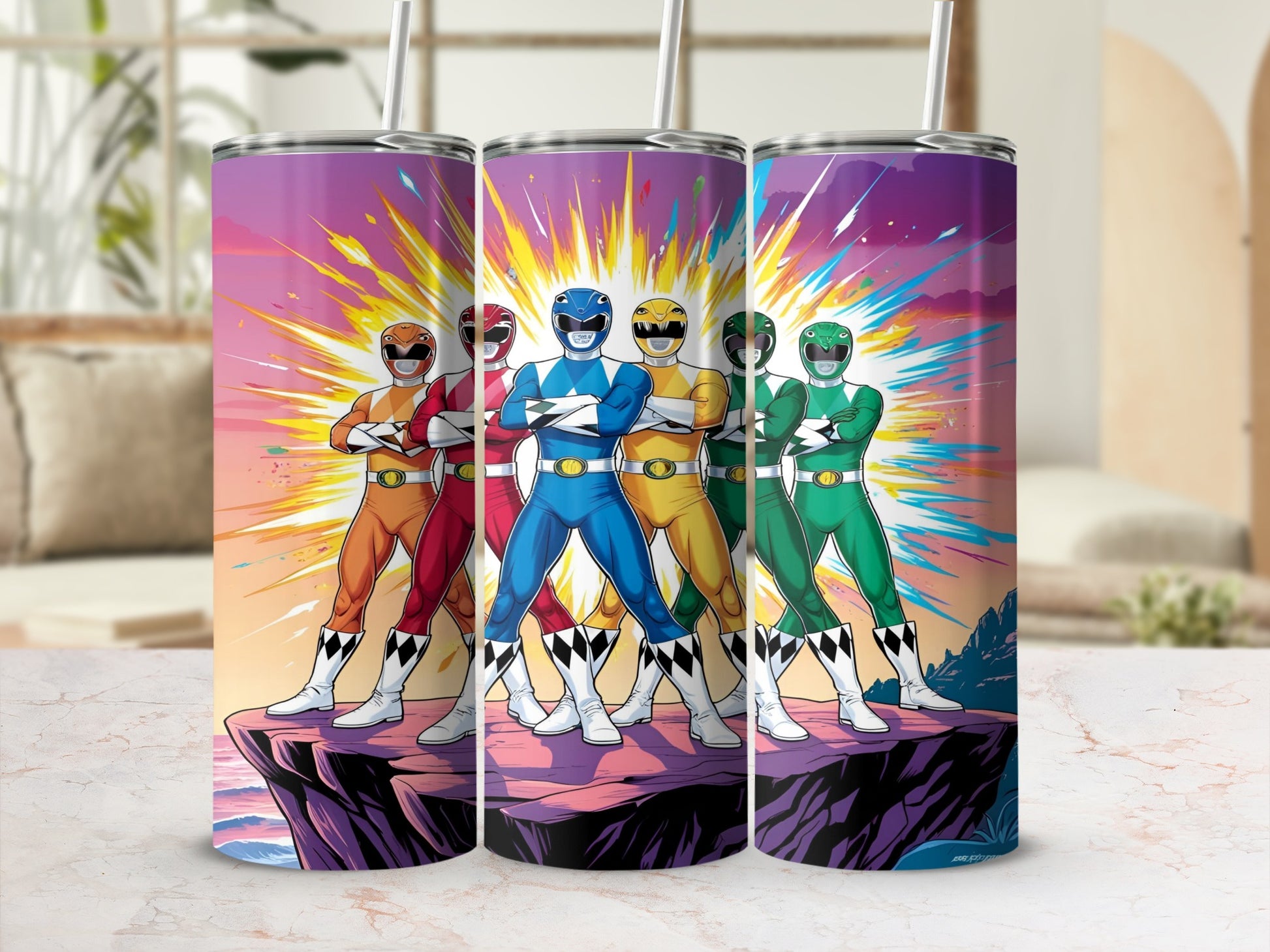 Five Power Rangers standing on a cliff with a colorful explosion background.