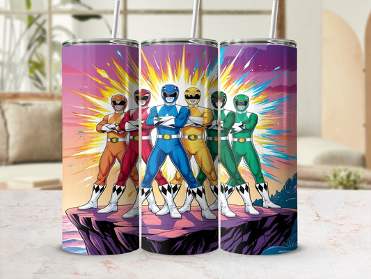 Five Power Rangers standing on a cliff with a colorful explosion background.