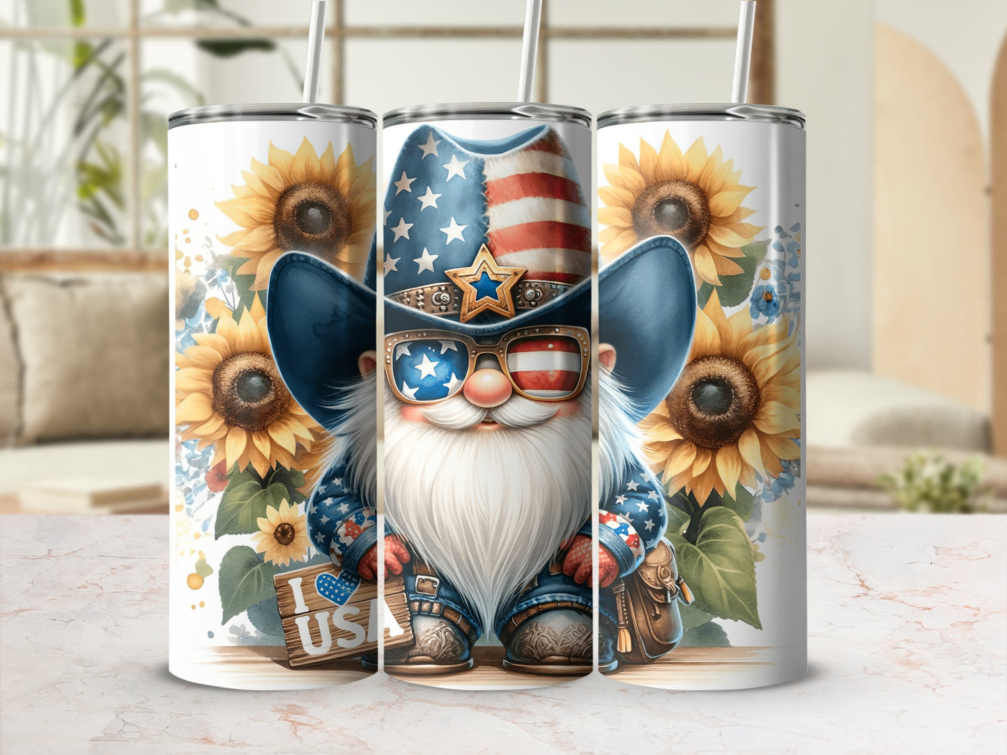 Gnome in patriotic hat and sunglasses holds "I ❤️ USA" sign with sunflowers.