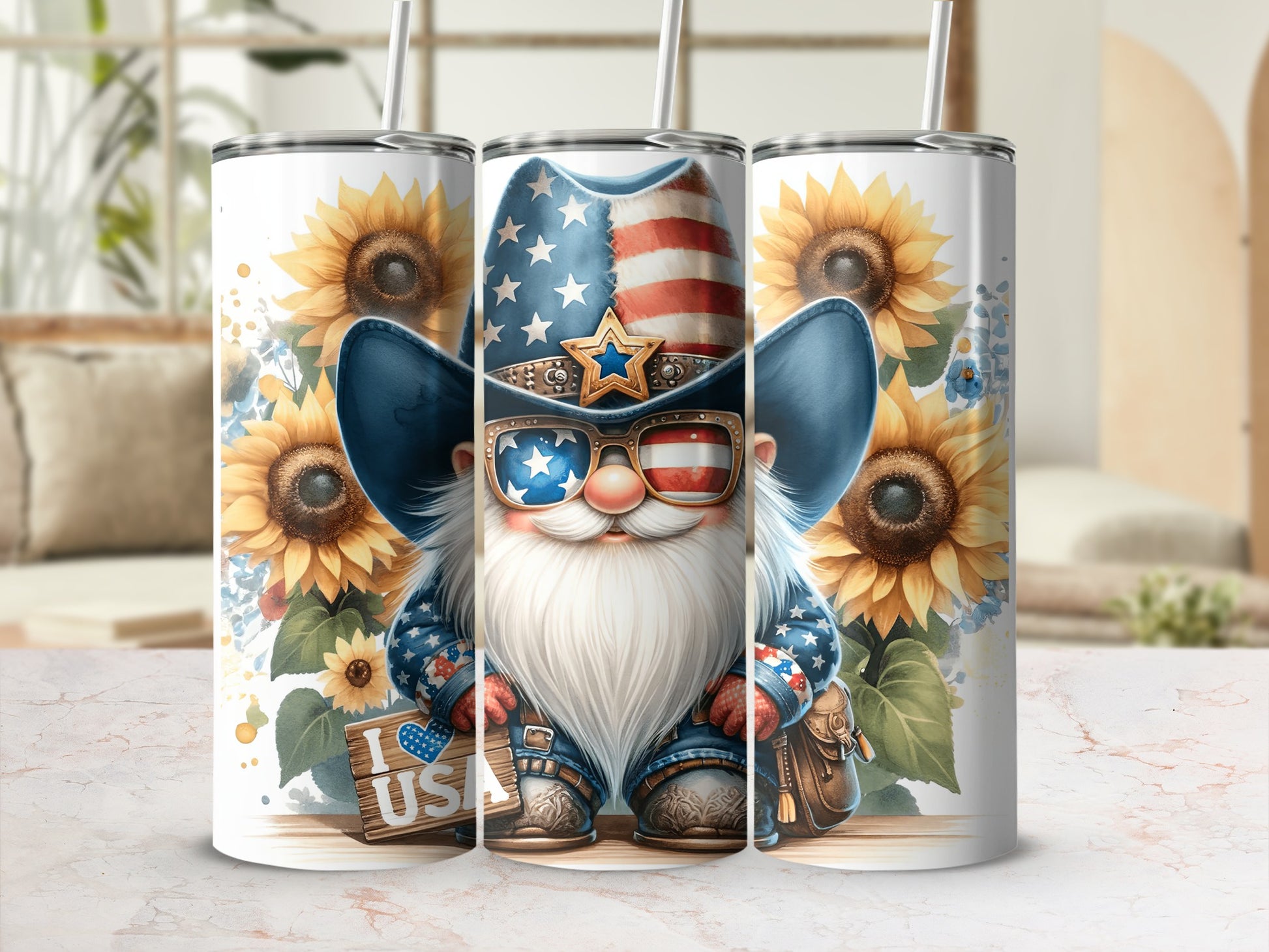 Gnome in patriotic hat and sunglasses holds "I ❤️ USA" sign with sunflowers.