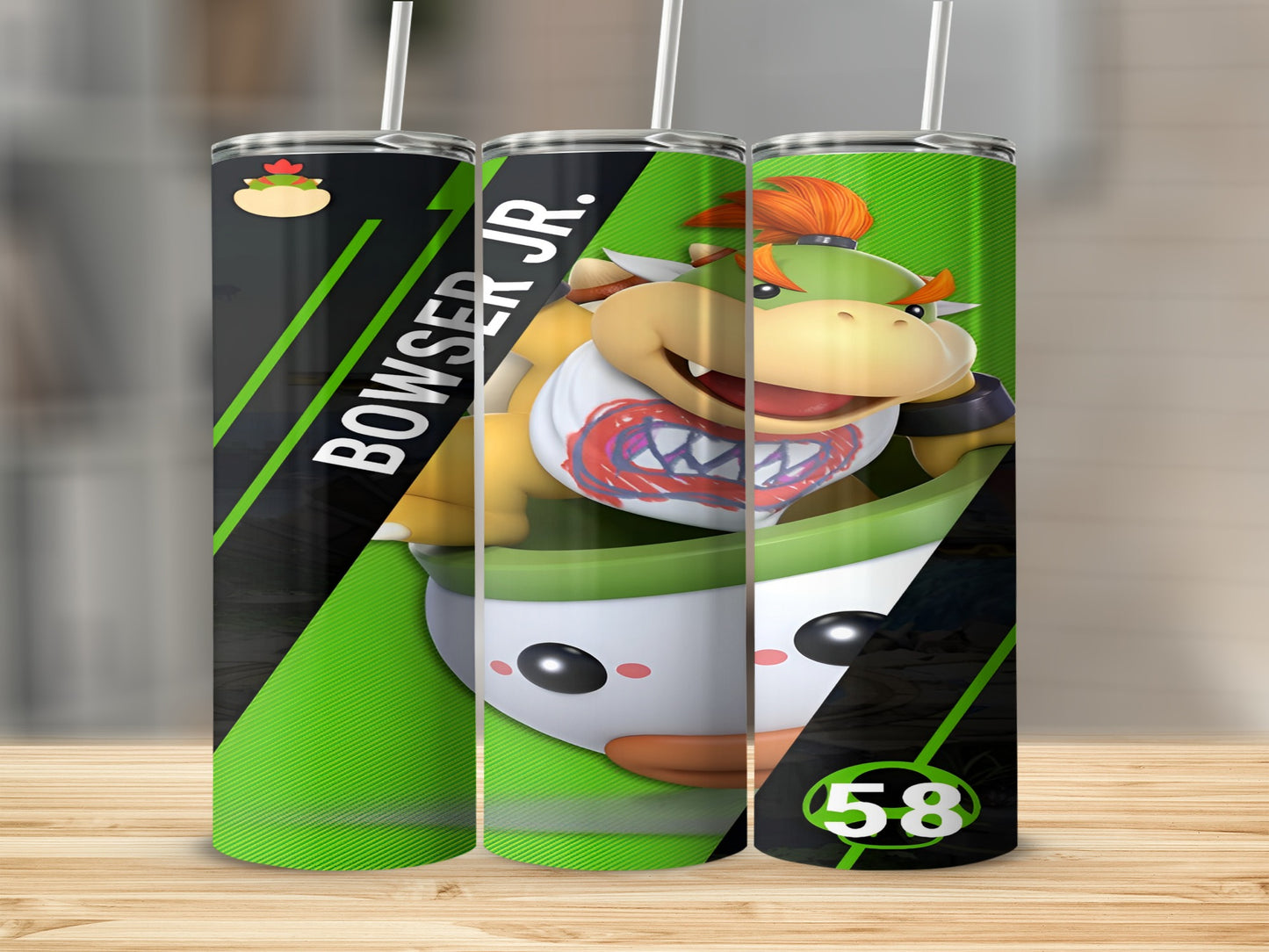 Bowser Jr. Tumbler with a green and black design and the number 58.