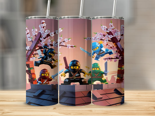 Ninja characters in action poses on a tiled wall, with cherry blossoms.