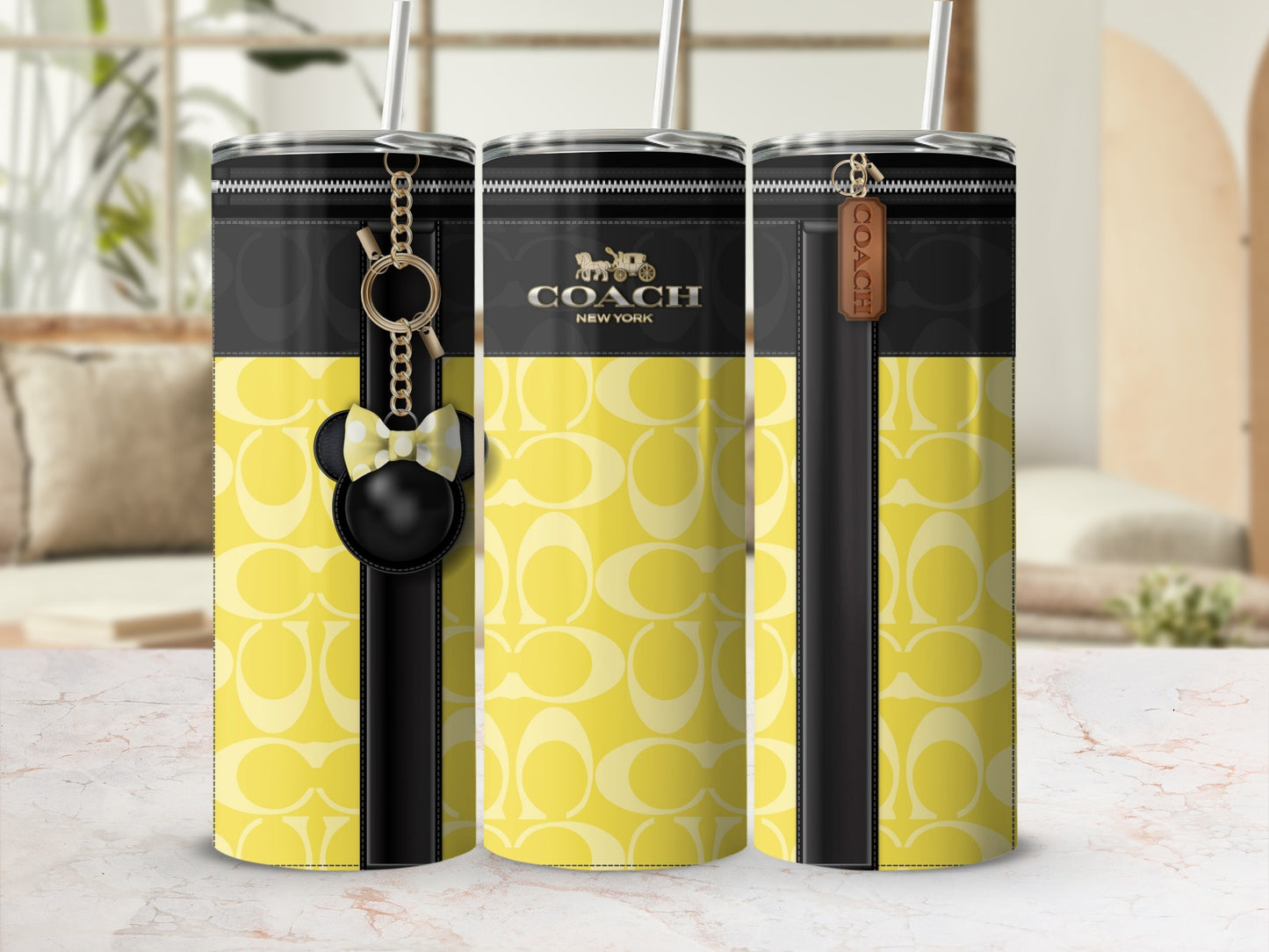 Stylish Yellow and Black Designer Tumbler with Attached Keychain