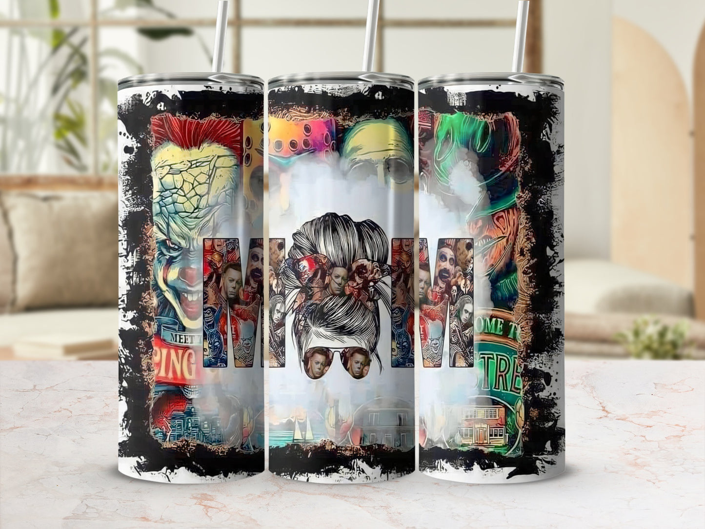Three tumblers with horror movie characters and the word "MOM" in a distressed font.