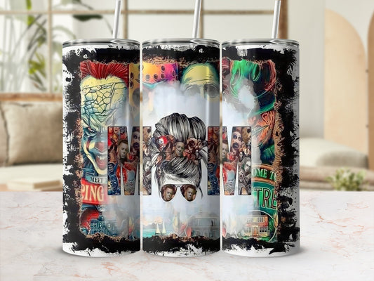 Three tumblers with horror movie characters and the word "MOM" in a distressed font.