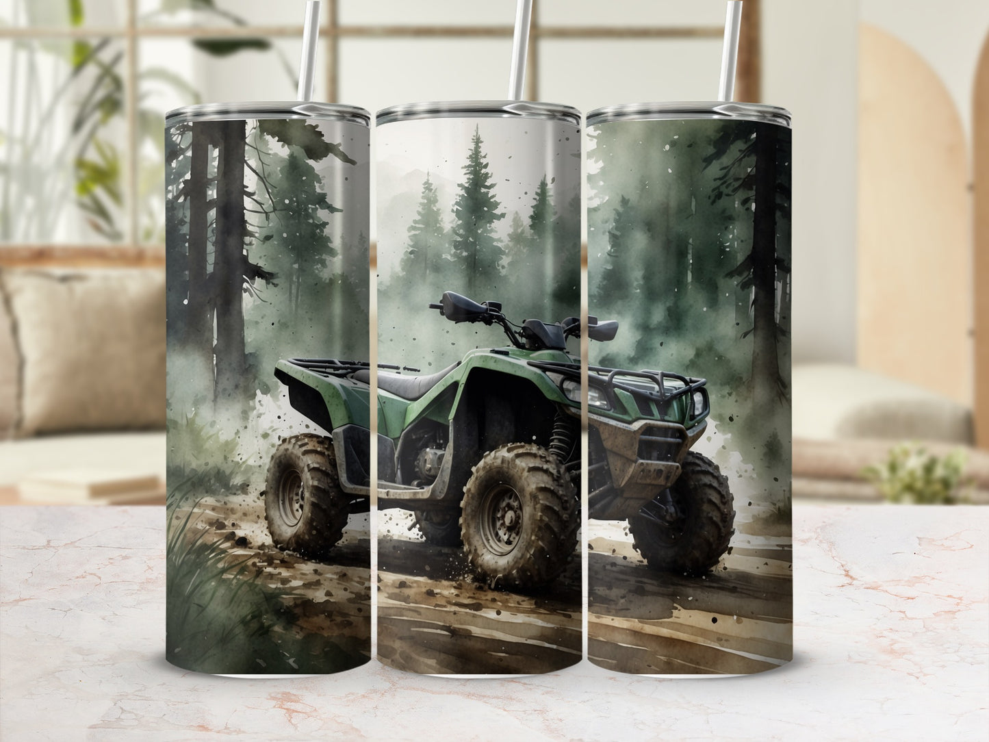 Green ATV on a dirt trail with trees in the background.