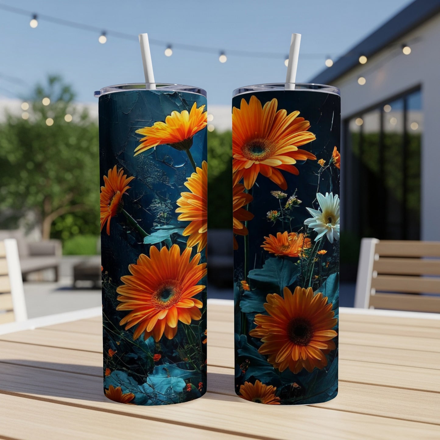 Two tumblers with a close-up floral design featuring orange gerbera daisies.