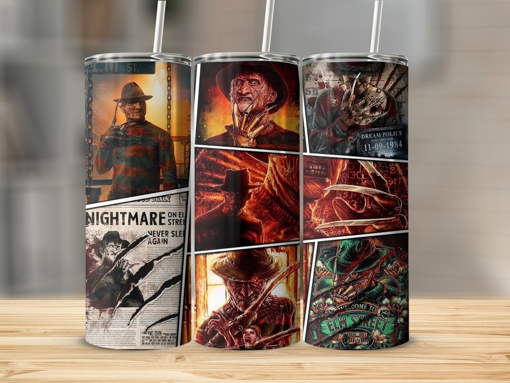 Triptych of tumblers featuring Nightmare on Elm Street Freddy Krueger designs, including newspaper and police blotter motifs.