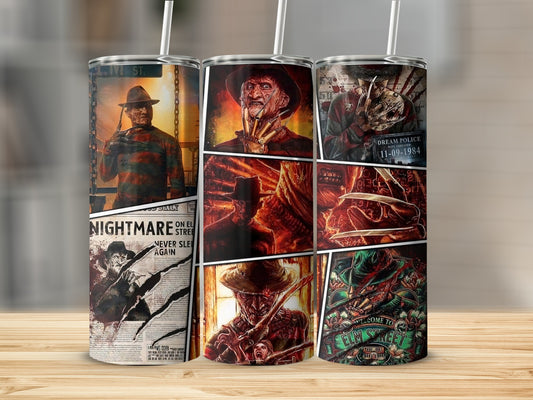 Triptych of tumblers featuring Nightmare on Elm Street Freddy Krueger designs, including newspaper and police blotter motifs.