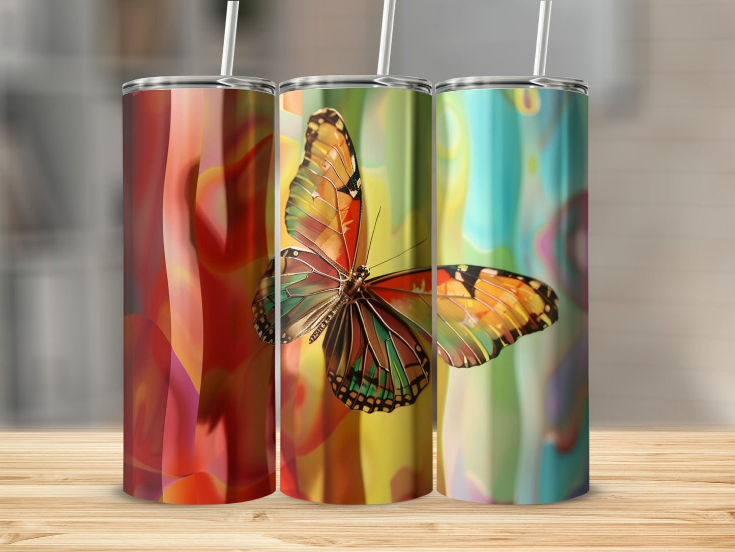 Three tumblers featuring a colorful butterfly design on a wooden surface.