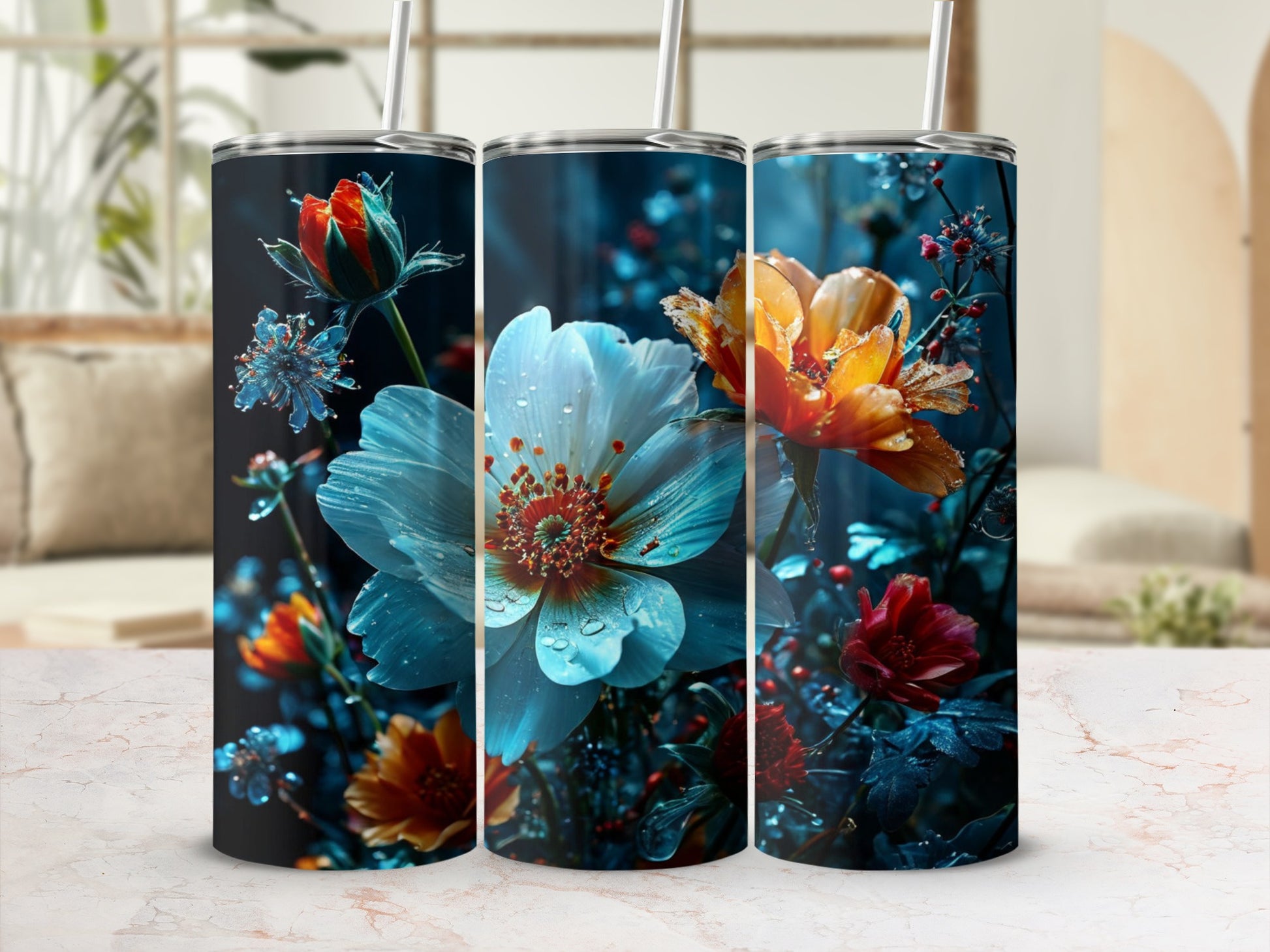 Three tall tumblers with a close-up floral design featuring dew drops.