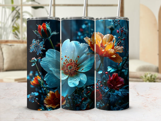 Three tall tumblers with a close-up floral design featuring dew drops.