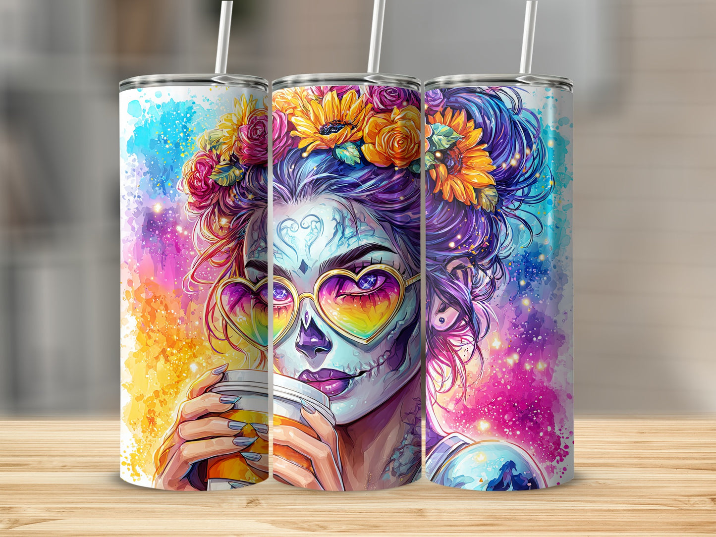 Colorful Sugar Skull Art Tall Travel Tumbler