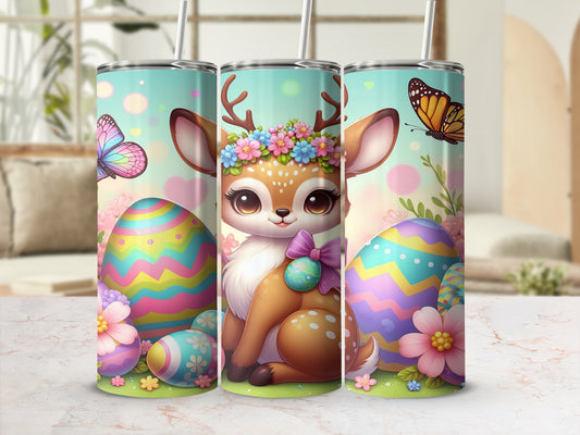 Cute deer with Easter eggs and butterflies, wearing a flower crown.