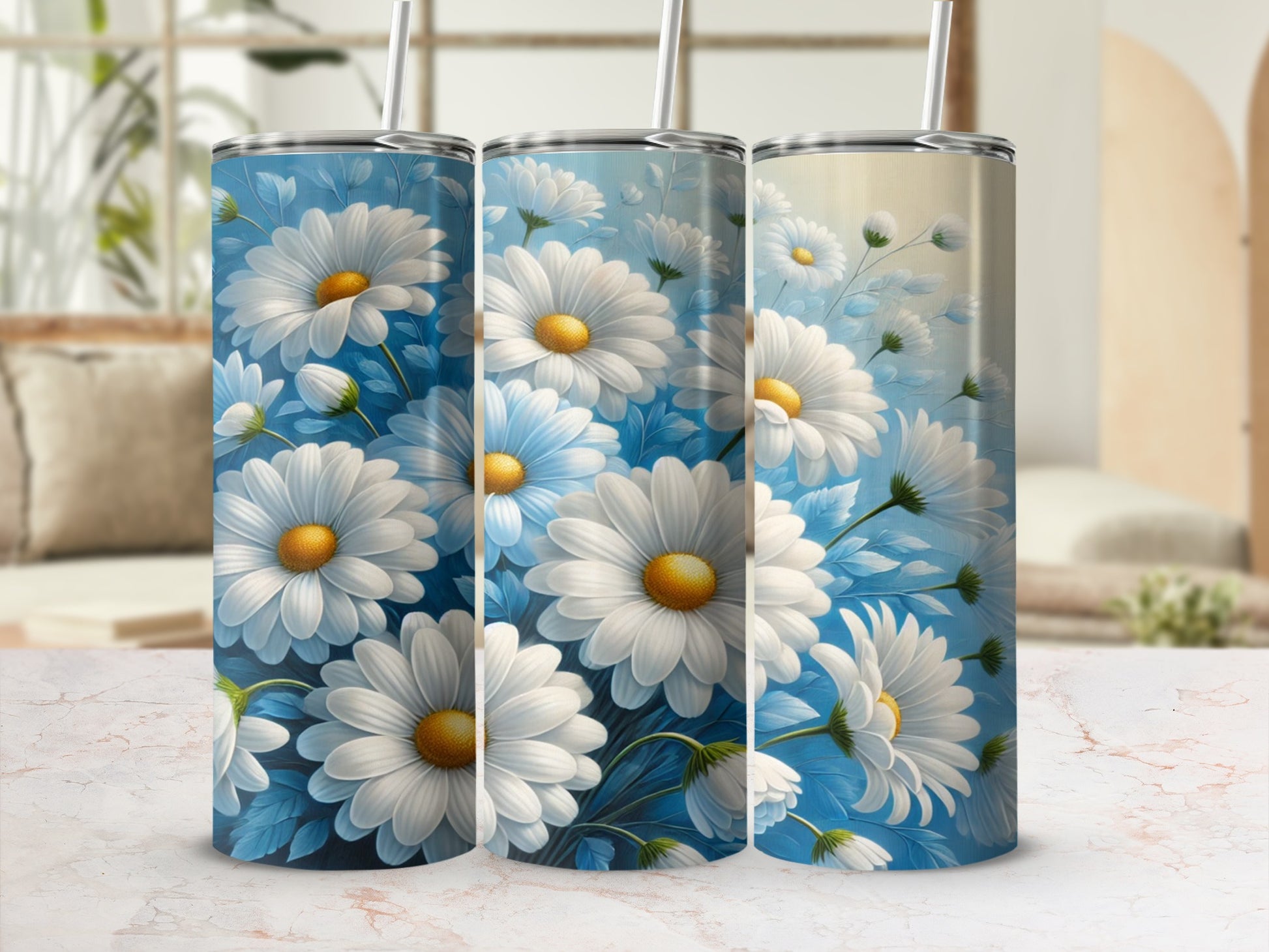 White and Blue Daisies Design Stainless Steel Tumbler