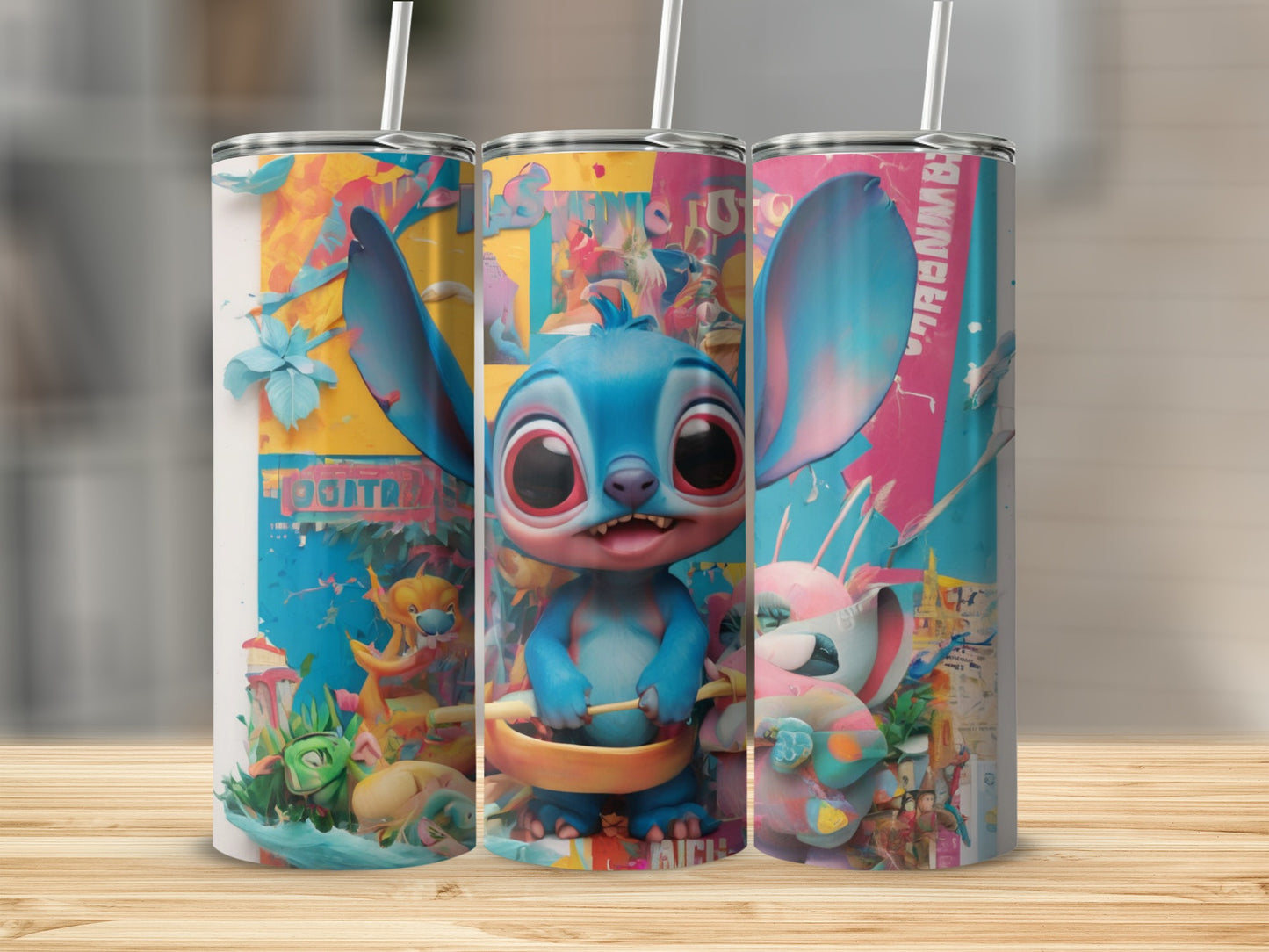 Three Stitch-themed tumblers with vibrant cartoon graphics.