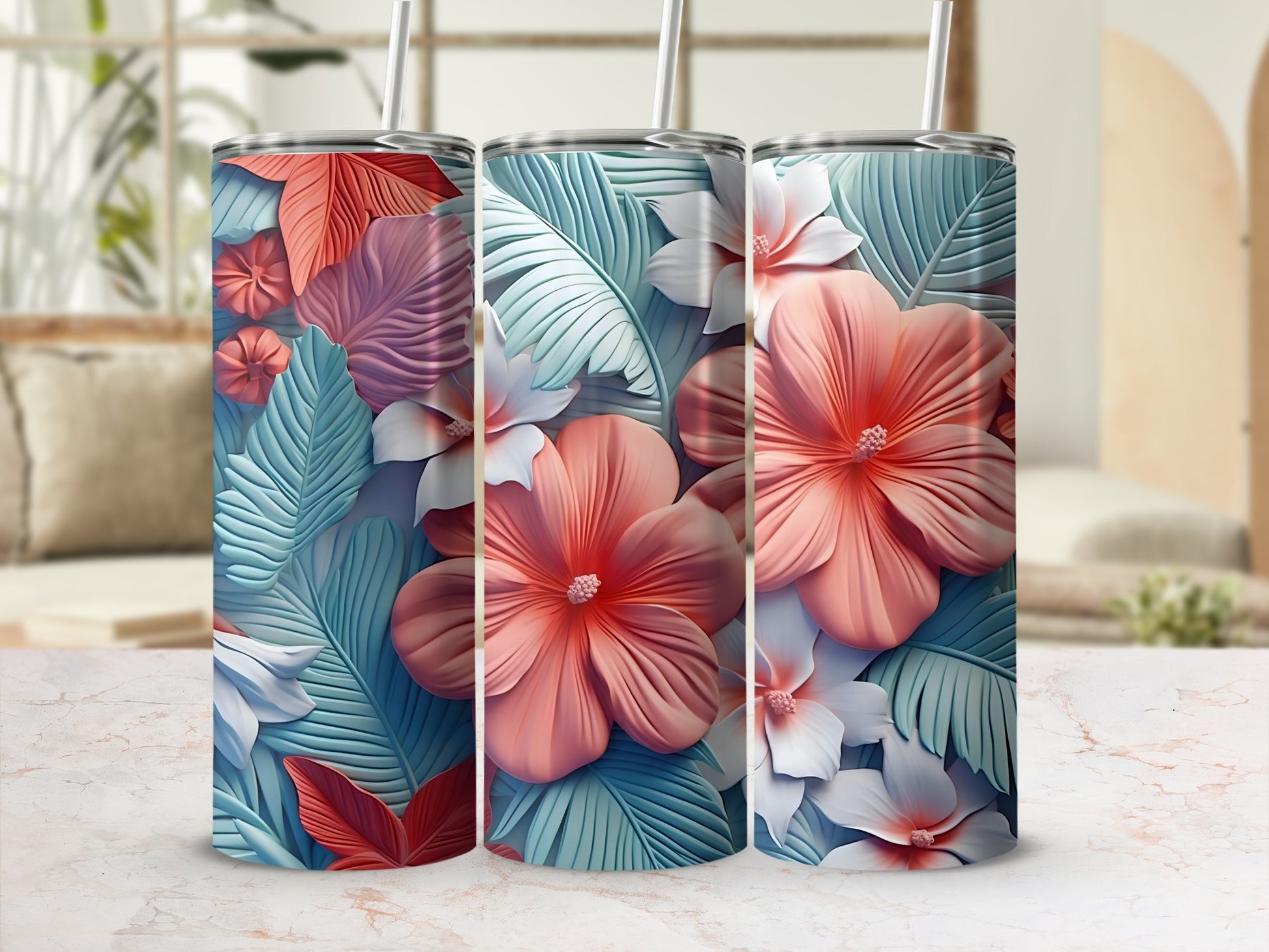 Vibrant Floral Design Tumbler with Tropical Leaves