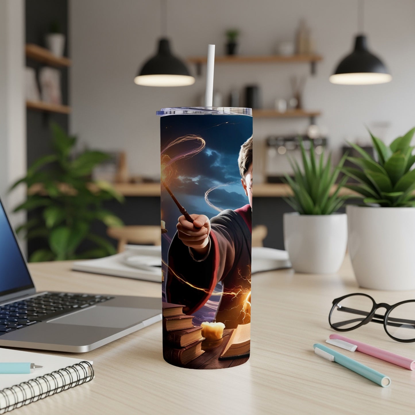 Harry Potter holding a wand with glowing energy and books.