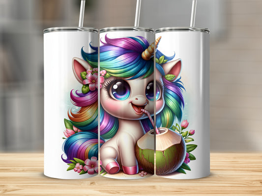 Cartoon unicorn with rainbow mane drinks from a coconut.