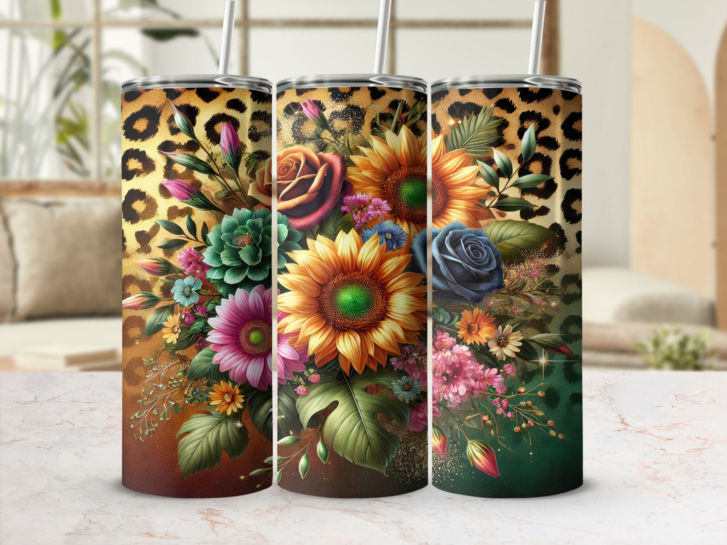 Floral Leopard Print Tumbler with Colorful Flower Design